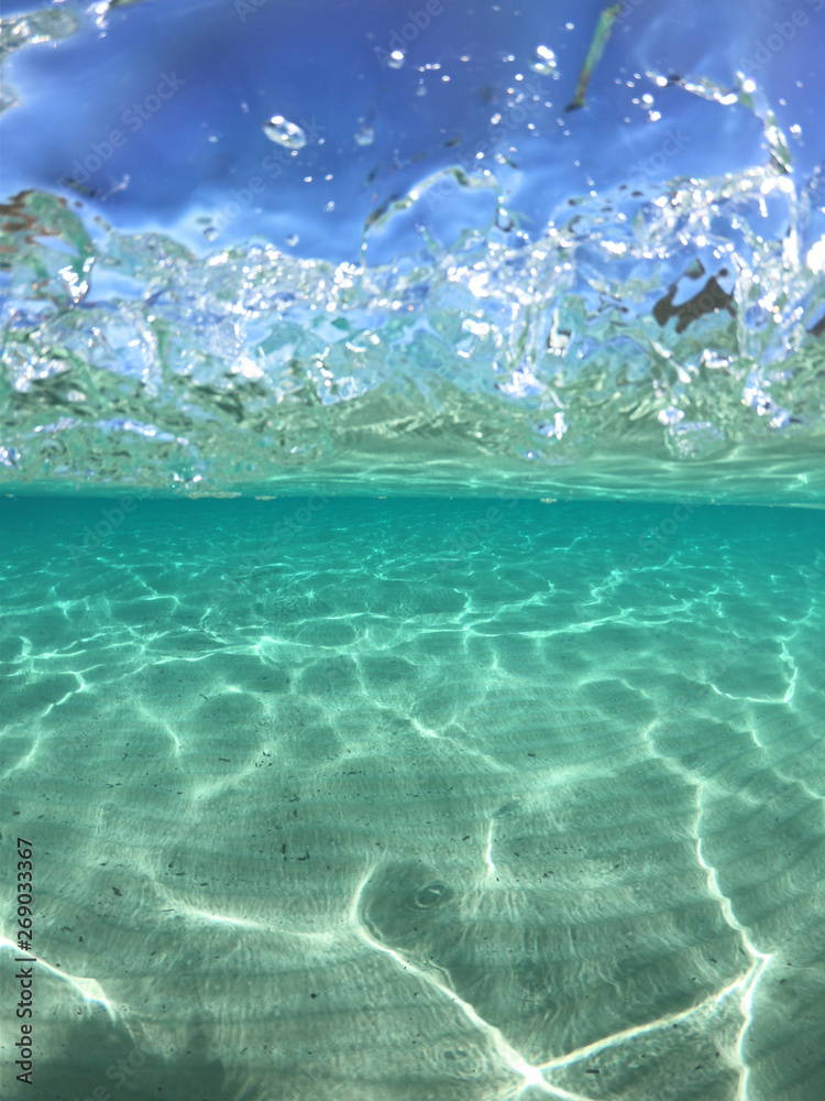 Underwater sea level photo of famous crystal clear turquoise sandy beach of Pori in Koufonisi island, Cyclades, Greece