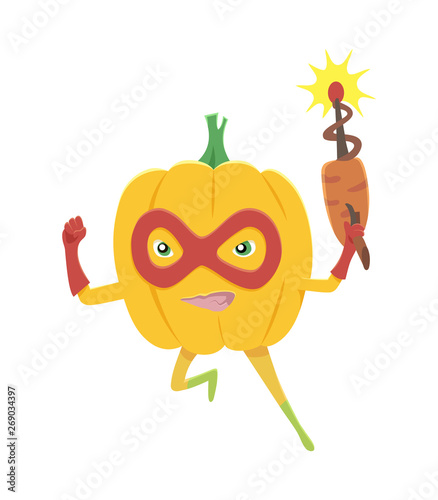 Cheerful cartoon character of superhero pumpkin with laser gun.