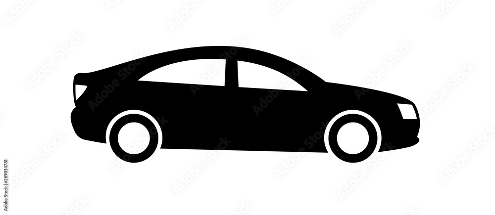 Car icon Isolated on white background. Side view. Vector design element, pictogram, and illustration. Black car silhouette.