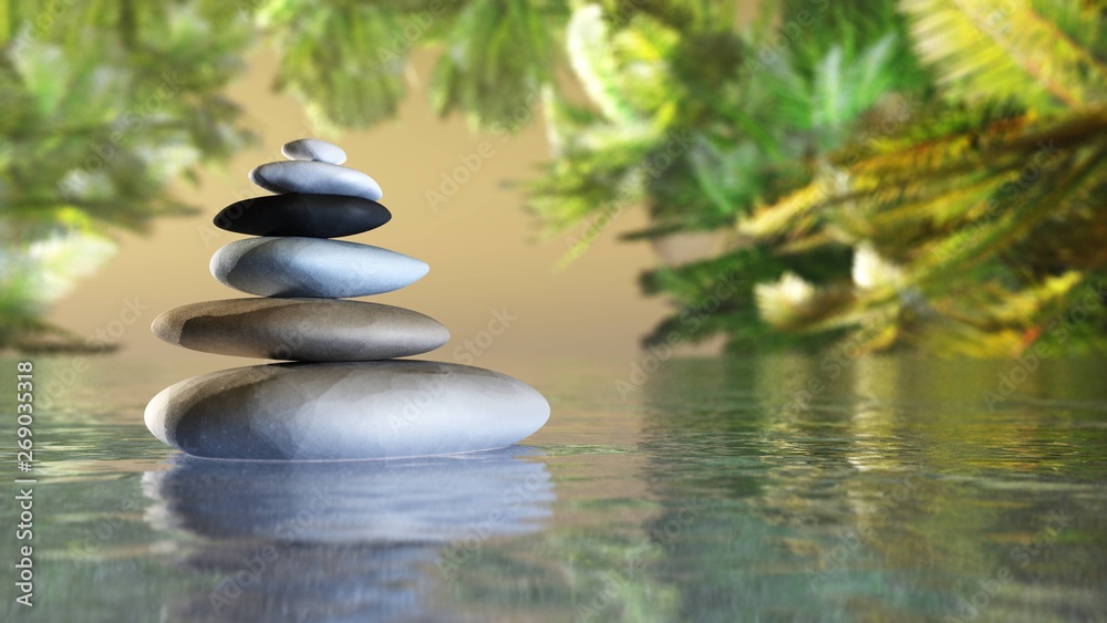 pyramid of stones above the water. Massage parlor. Spa business. 3D rendering