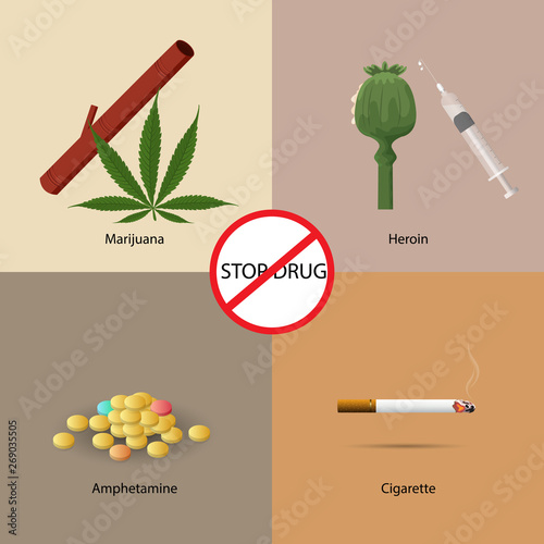 Stop drugs design concept set with marijuana heroin amphetamine and amphetamine flat icons isolated vector illustration