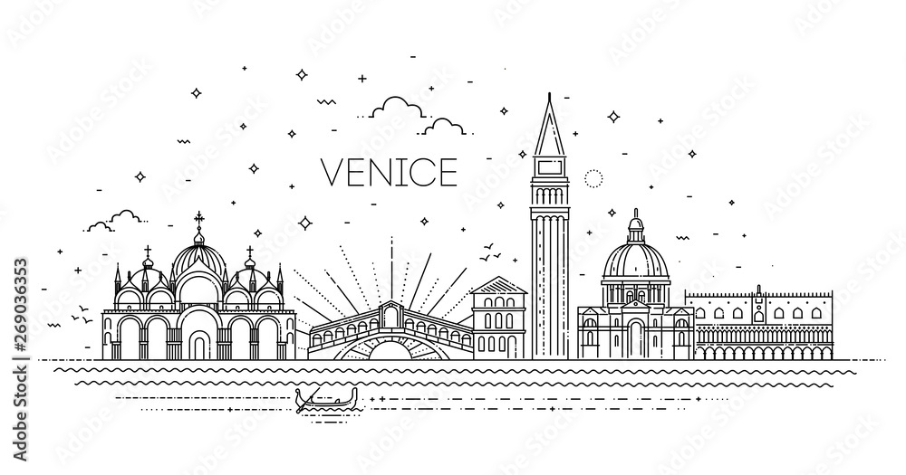 Venice city, Line Art Vector illustration with all famous buildings