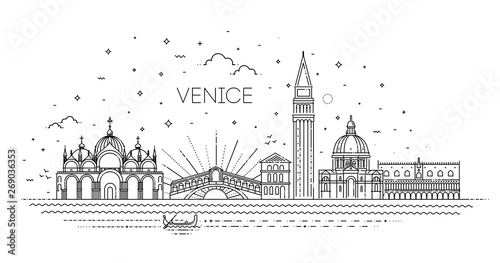 Venice city, Line Art Vector illustration with all famous buildings