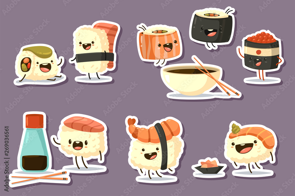 Cute sushi character set. Vector cartoon japanese food illustration with  different emotions isolated on background. Stock Vector | Adobe Stock