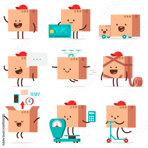 Cute delivery box characters vector cartoon set isolated on a white background.
