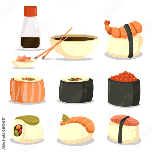 Sushi vector cartoon set of japanese food isolated on a white background.