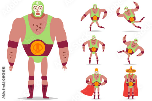 Lucha libre mexican wrestler in mask vector cartoon character set isolated on white background.