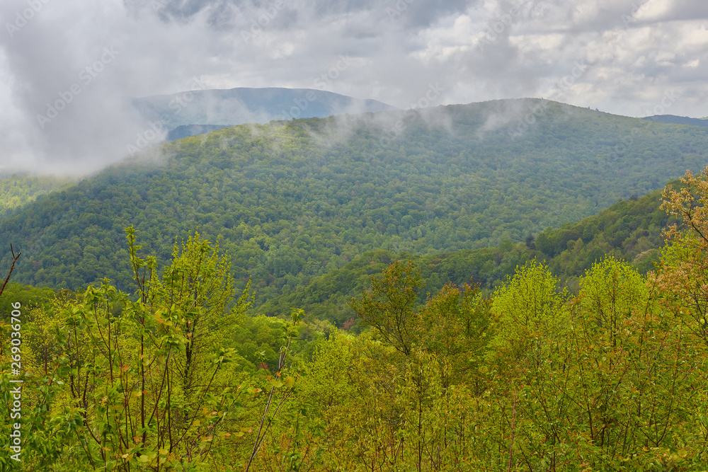 View of low clouds and mountains from the Blue Ridge Parkway near Montebello, Virginia