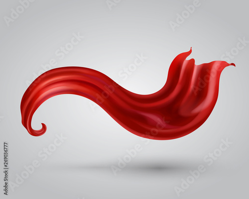 Red satin fabric flying. Flowing silk drape isolated