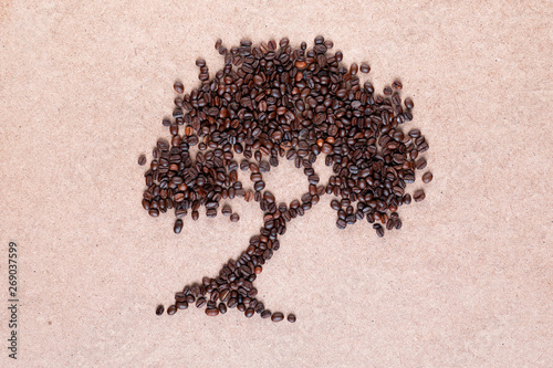 Tree made of coffee beans on plywood