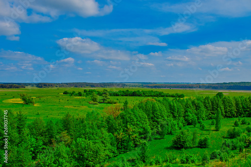 green fields and forests against a blue sky with clouds