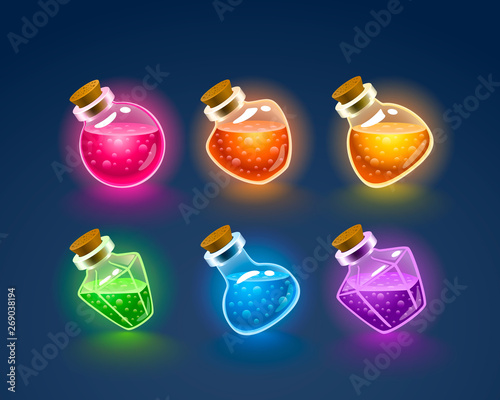 Magic Flasks color set, dark background. Vector