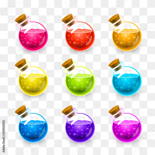 Magic Flasks color set, On a transparent background.