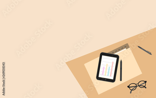 A flat background for office work with a tablet and a folder