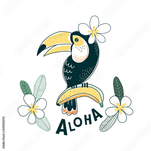 Toucan bird Banana fruits and flowers illustration Aloha lettering Exotic Tropical summer decorative print poster design isolated on white. Rainforest nature inspired drawing.