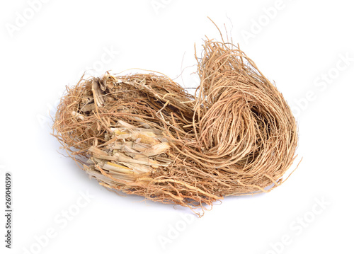 Roots of Chrysopogon zizanioides, commonly known as vetiver. Isolated on white background