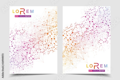 Scientific brochure design template. Vector flyer layout, Molecular structure with connected lines and dots. Scientific pattern atom DNA with elements for magazine, leaflet, cover, poster design