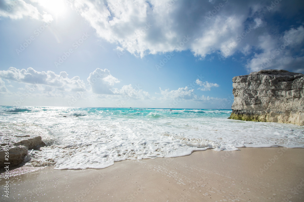 Cancun beach beautiful view. Hotel zone. Mexico caribbean sea with amazing blue color.