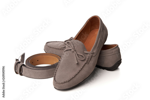 Beige suede men's moccasins shoes with a belt