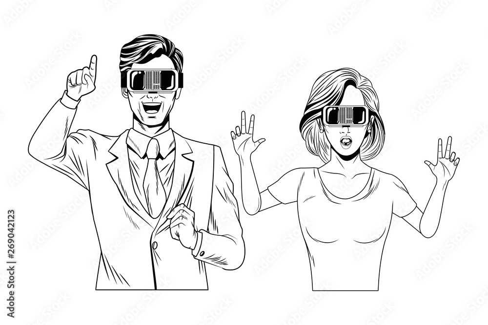 couple wearing virtual reality headset black and white couple wearing virtual reality headset black and white