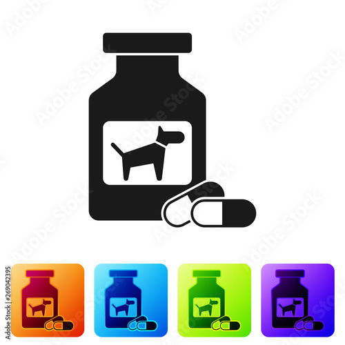 Black Dog medicine bottle and pills icon isolated on white background. Container with pills. Prescription medicine for animal. Set icon in color square buttons. Vector Illustration