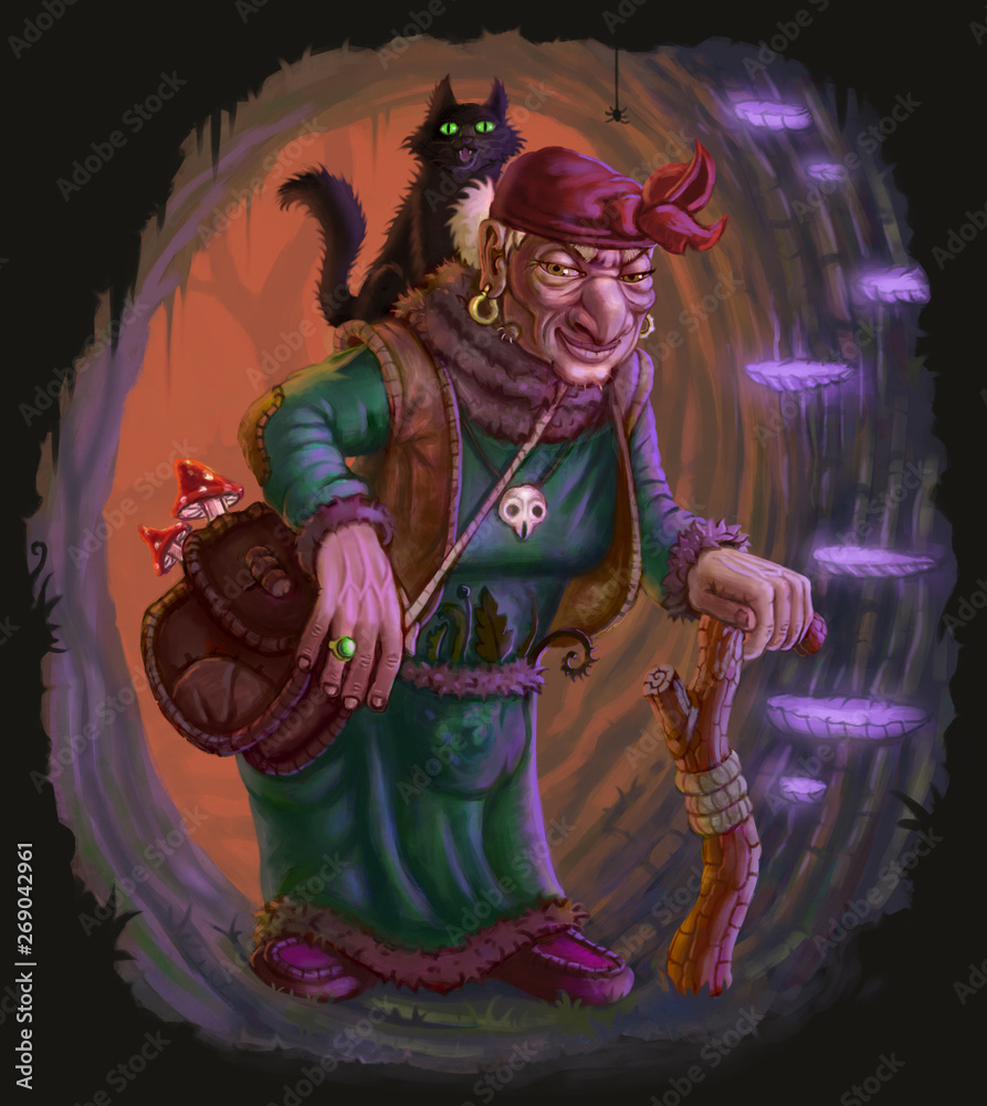 Fototapeta premium Baba Yaga and her cat in cave with mushrooms