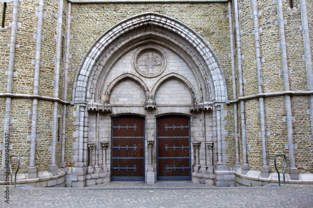 Closeup of a facade of Church of Our Lady in Brugge, Belgium.