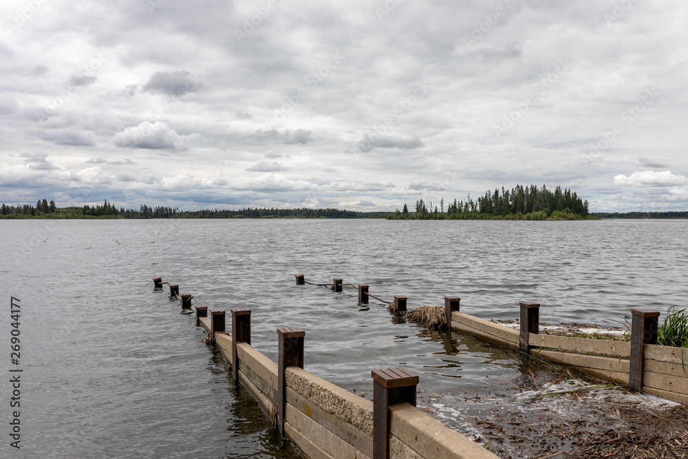 View of Astotin Lake on a cloudy day, Elk Island National Park, Alberta, Canada