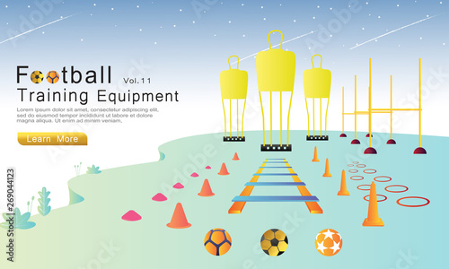 Football training equipment set flat cartoon vector illustration concept. soccer wall, ball, circle, cone, hurdles, agility ladder, mini cone, soccer barrier. used for landing page, web, banners