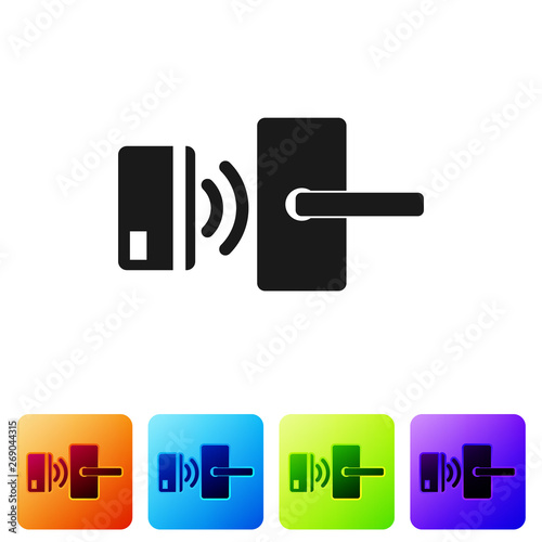 Black Digital door lock with wireless technology for unlock icon isolated on white background. Door handle sign. Security smart home of concept. Set icon in color square buttons. Vector Illustration