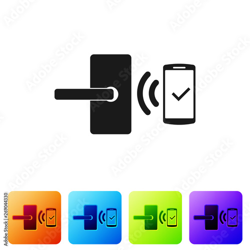 Black Digital door lock with wireless technology for unlock icon isolated on white background. Door handle sign. Security smart home of concept. Set icon in color square buttons. Vector Illustration