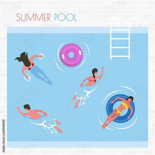 Summer pool people on vacation vector, summertime relaxation. Water woman and man, female laying on inflatable lifebuoy saving ring, ladder on poolside