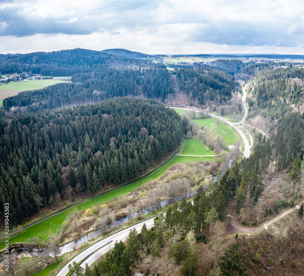 Scenic mountain landscape. View on the Black Forest, Germany. Aerial. Close to Nagold