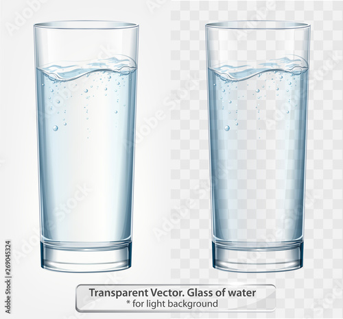 Transparent vector glass of water with fizz on light background