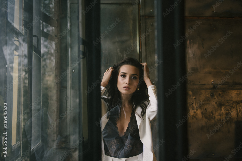 Obraz premium Young brunette woman posing in a suit by the window