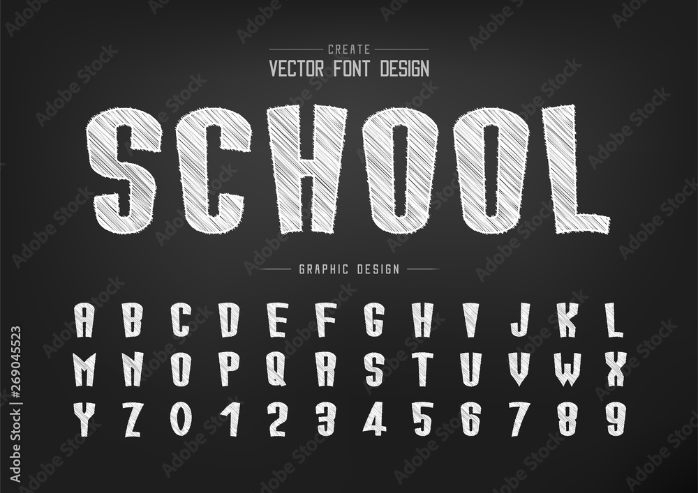 Sketch Cartoon font and alphabet vector, Chalk Tall typeface letter and number Graphic text design