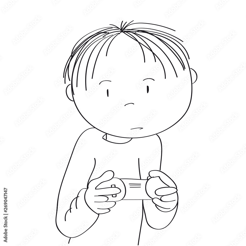 Little boy playing video games on game console, holding joystick, being very concentrated. Original hand drawn cartoon illustration. Little boy playing video games on game console, holding joystick, being very concentrated. Original hand drawn cartoon illustration.