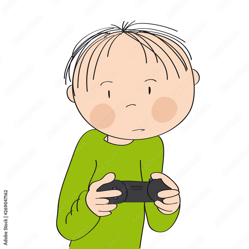 Little boy playing video games on game console, holding joystick, being very concentrated. Original hand drawn cartoon illustration. Little boy playing video games on game console, holding joystick, being very concentrated. Original hand drawn cartoon illustration.