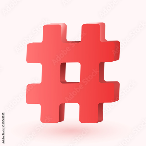 Hashtag, number mark 3d sign isolated on white background.