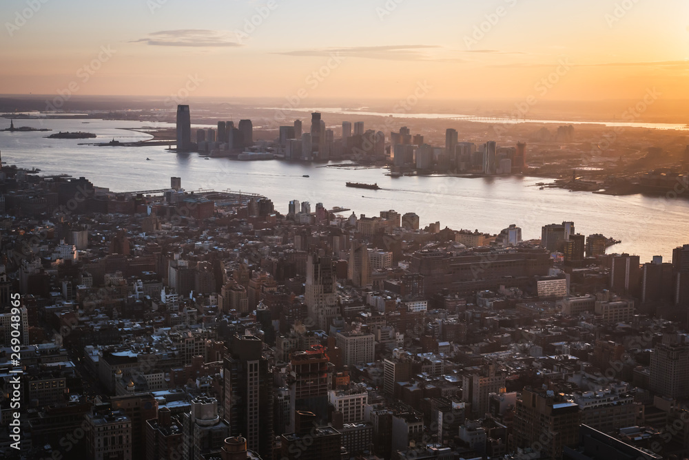 Aerial sunset over Manhattan from a high point of view - New York City, NY