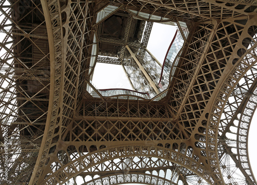 Bottom view of Detail of Truss of Eiffel Tower in Paris