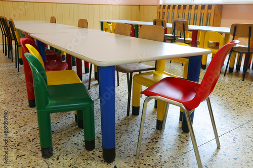 refectory with small tables and colored chairs in the nursery sc