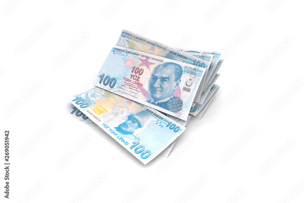 Turkish Liras Banknotes Falling and Flying Around on White Turkish Liras Banknotes Falling and Flying Around on White
