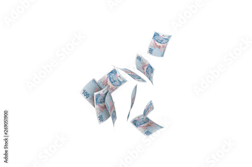 Turkish Liras Banknotes Falling and Flying Around on White