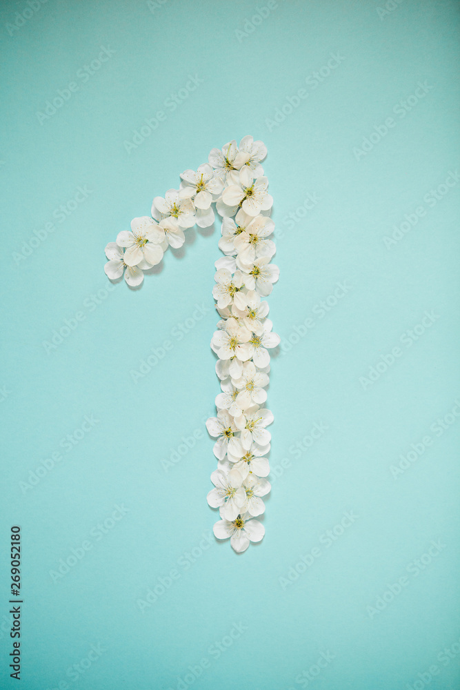 White flowers in the form of numbers on a blue sky background. Photo for design with place for text. White flowers in the form of numbers on a blue sky background. Photo for design with place for text.