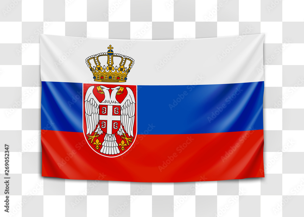 Hanging flag of Serbia. Republic of Serbia. National flag concept.