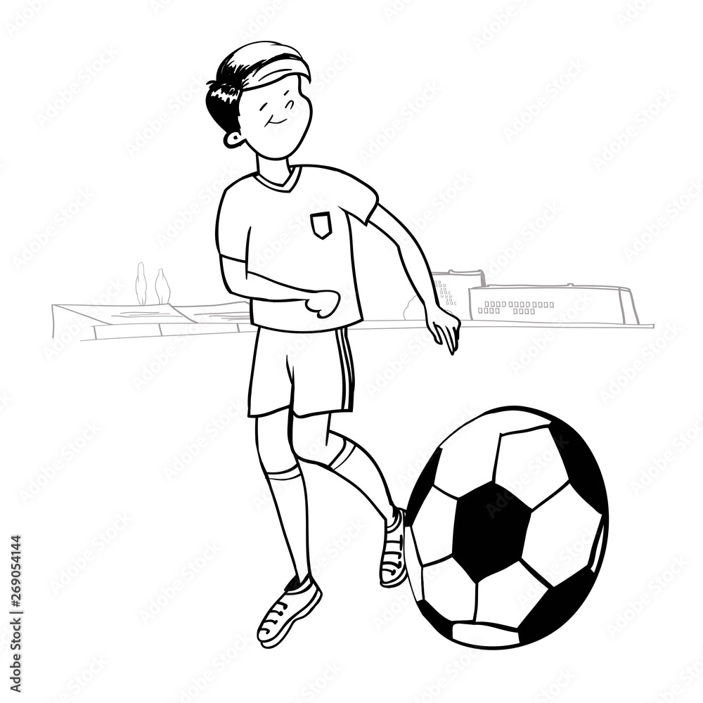 Cartoon football player, funny cartoon character boy, linear black-white  drawing, football club, football field, vector illustration Stock Vector |  Adobe Stock