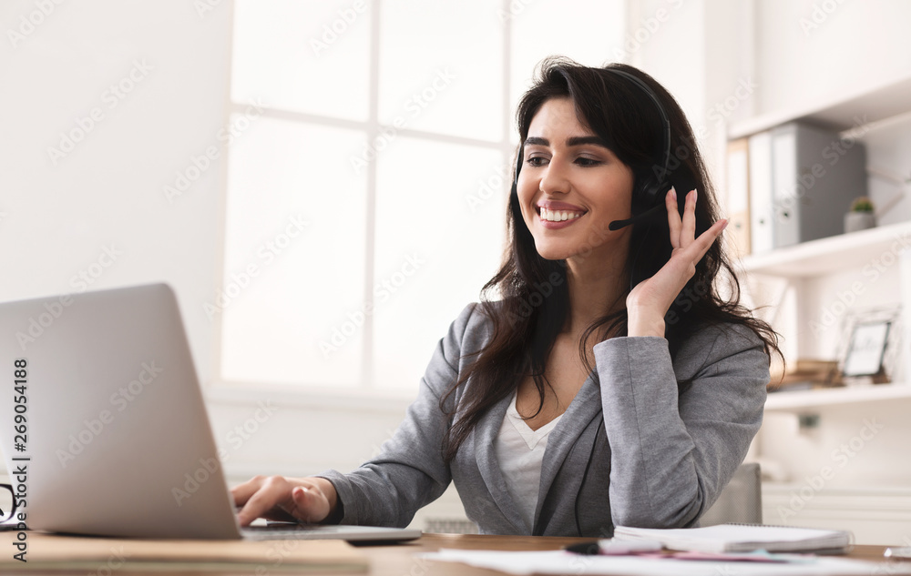 Work In Callcenter. Female Secretary With Headset Work In Callcenter. Female Secretary With Headset