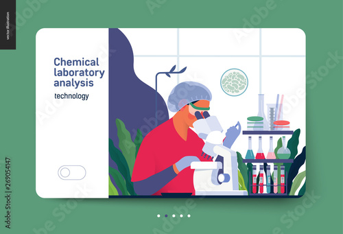 Medical tests template -chemical laboratory analysis - modern flat vector concept digital illustration of laboratory analysis -woman laboratory assistance with microscope, medical office or laboratory