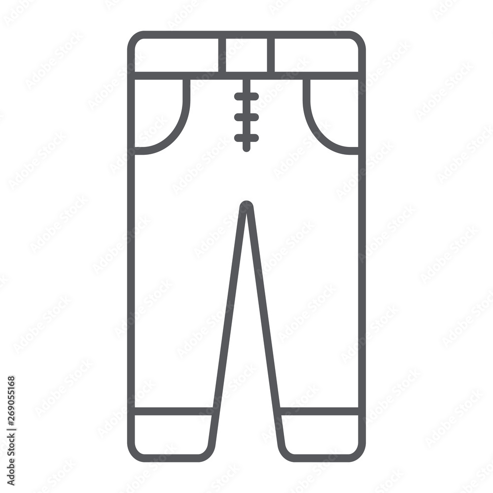 Jeans thin line icon, clothes and fashion, trousers sign, vector graphics, a linear pattern on a white background. Jeans thin line icon, clothes and fashion, trousers sign, vector graphics, a linear pattern on a white background.